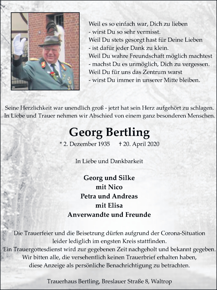  Traueranzeige für Georg Bertling vom 22.04.2020 aus Medienhaus Bauer