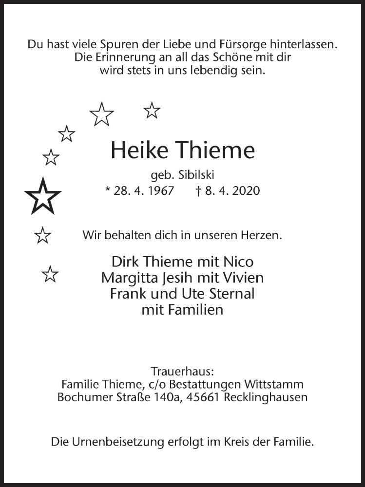 Traueranzeige für Heike Thieme vom 15.04.2020 aus Medienhaus Bauer