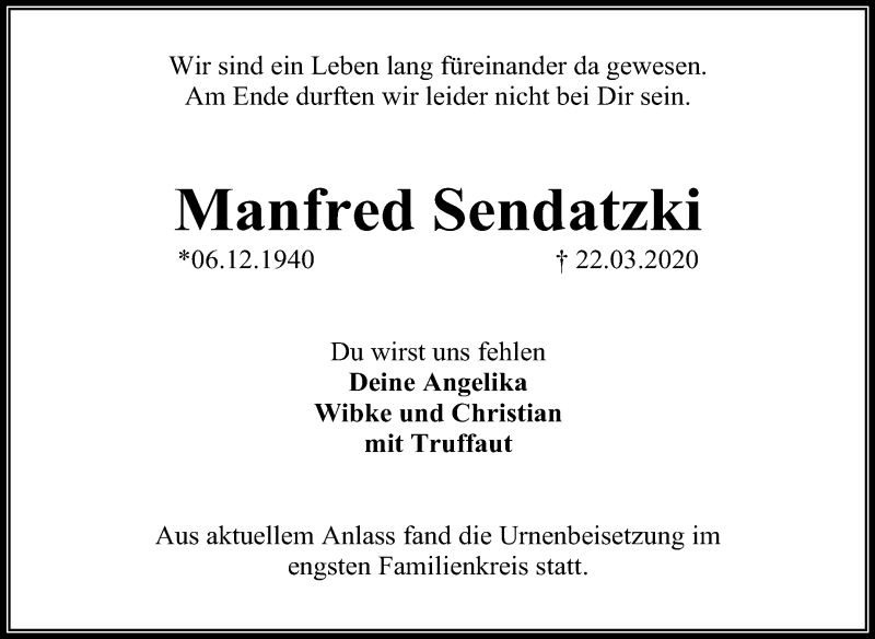  Traueranzeige für Manfred Sendatzki vom 18.04.2020 aus Medienhaus Bauer