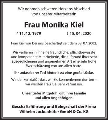 Traueranzeige von Monika Kiel von Medienhaus Bauer