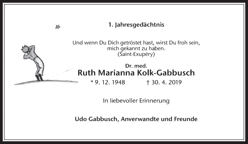  Traueranzeige für Ruth Marianna Kolk-Gabbusch vom 30.04.2020 aus Medienhaus Bauer