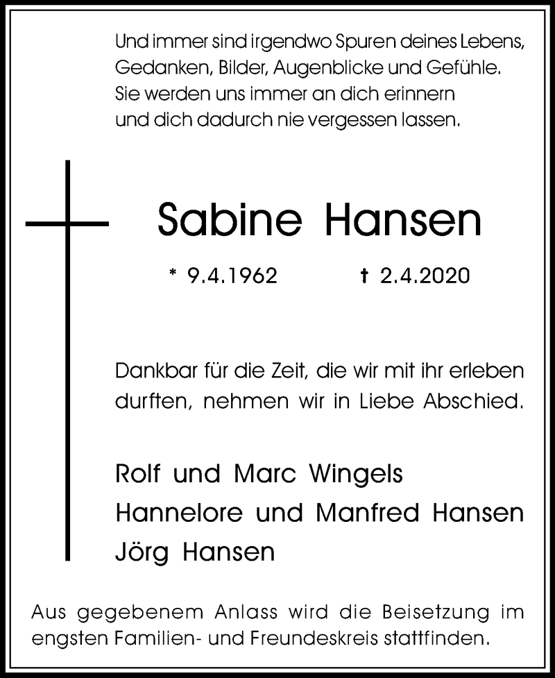  Traueranzeige für Sabine Hansen vom 11.04.2020 aus Medienhaus Bauer