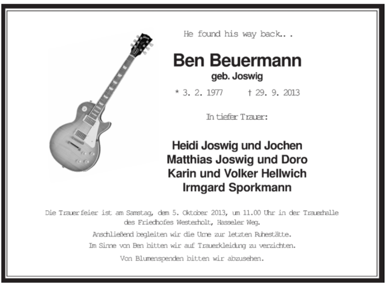  Traueranzeige für Ben Beuermann vom 02.10.2013 aus Medienhaus Bauer