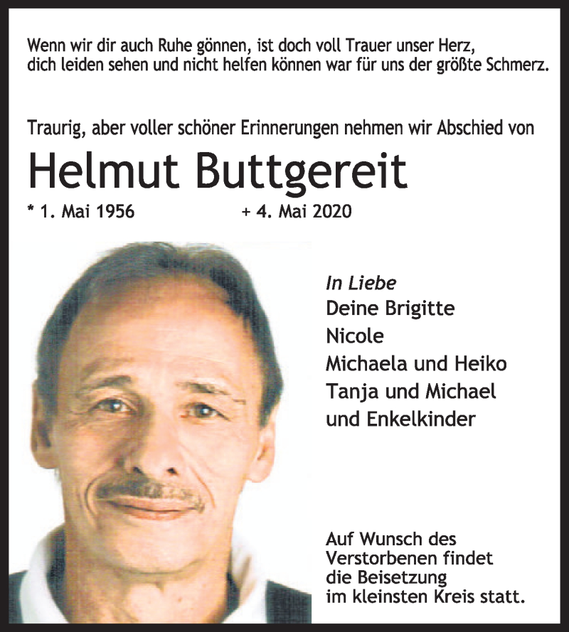  Traueranzeige für Helmut Buttgereit vom 16.05.2020 aus Medienhaus Bauer