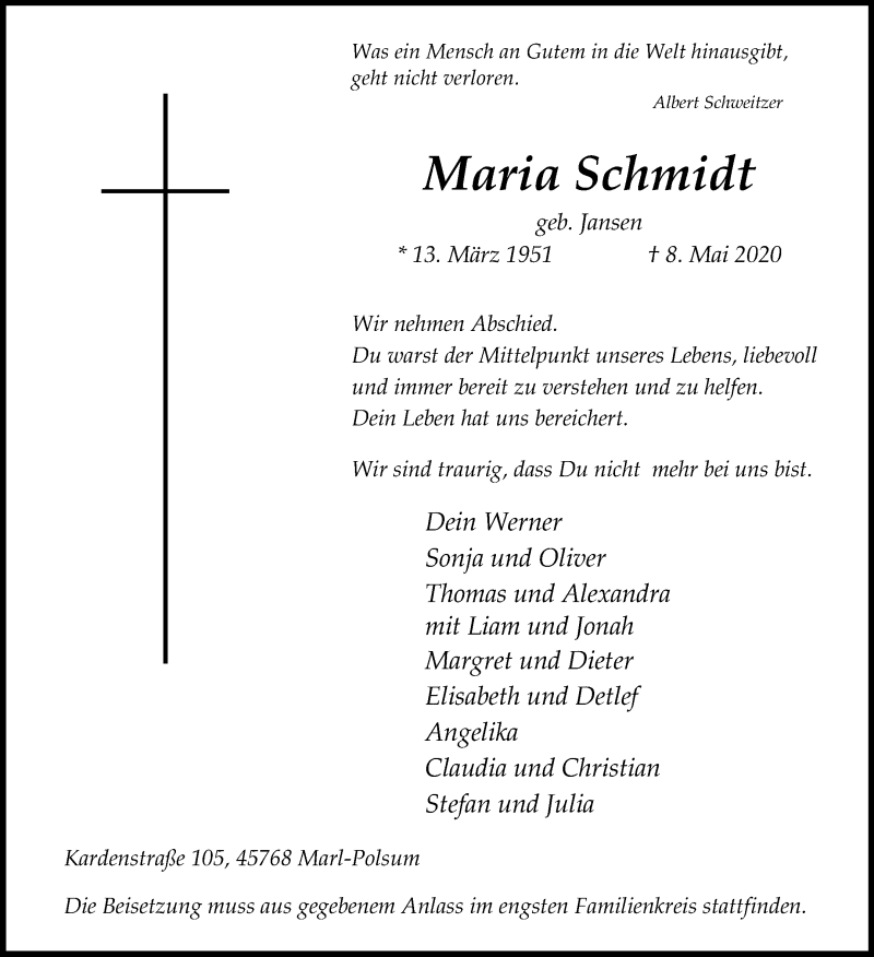  Traueranzeige für Maria Schmidt vom 19.05.2020 aus Medienhaus Bauer