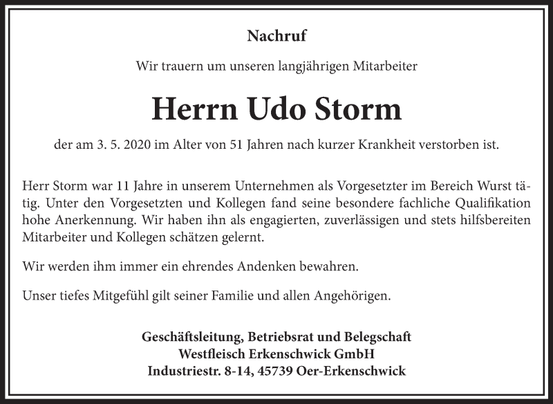  Traueranzeige für Udo Storm vom 08.05.2020 aus Medienhaus Bauer