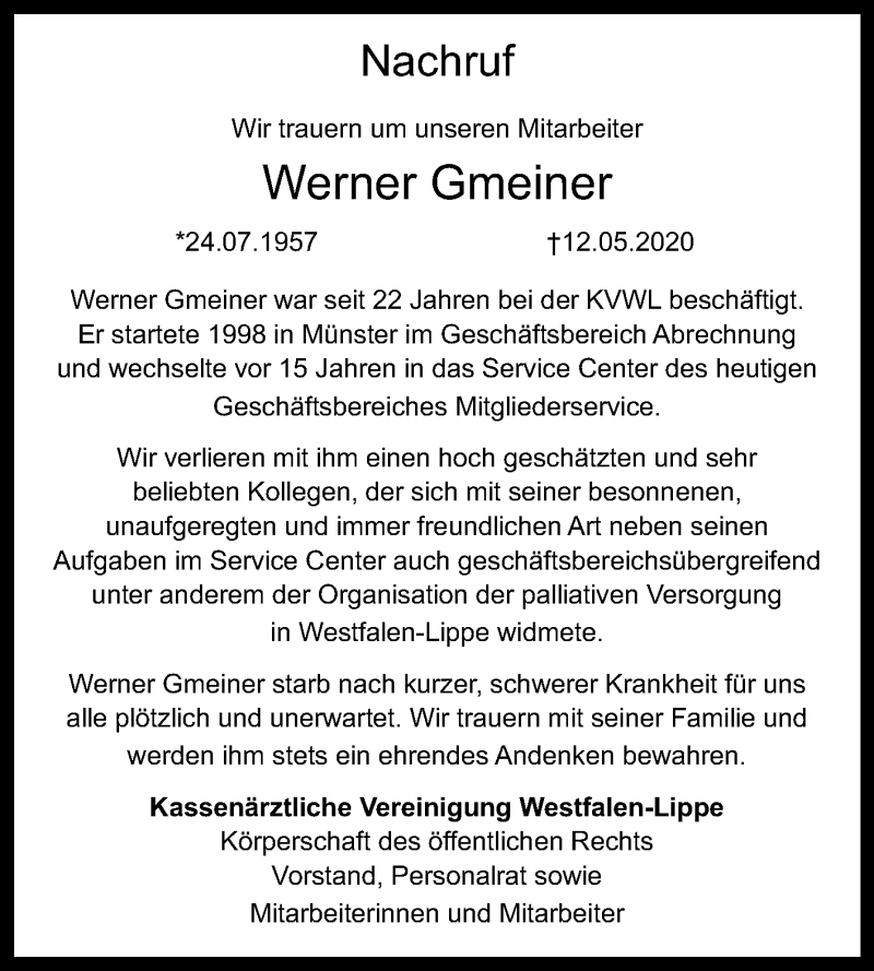  Traueranzeige für Werner Gmeiner vom 26.05.2020 aus Medienhaus Bauer