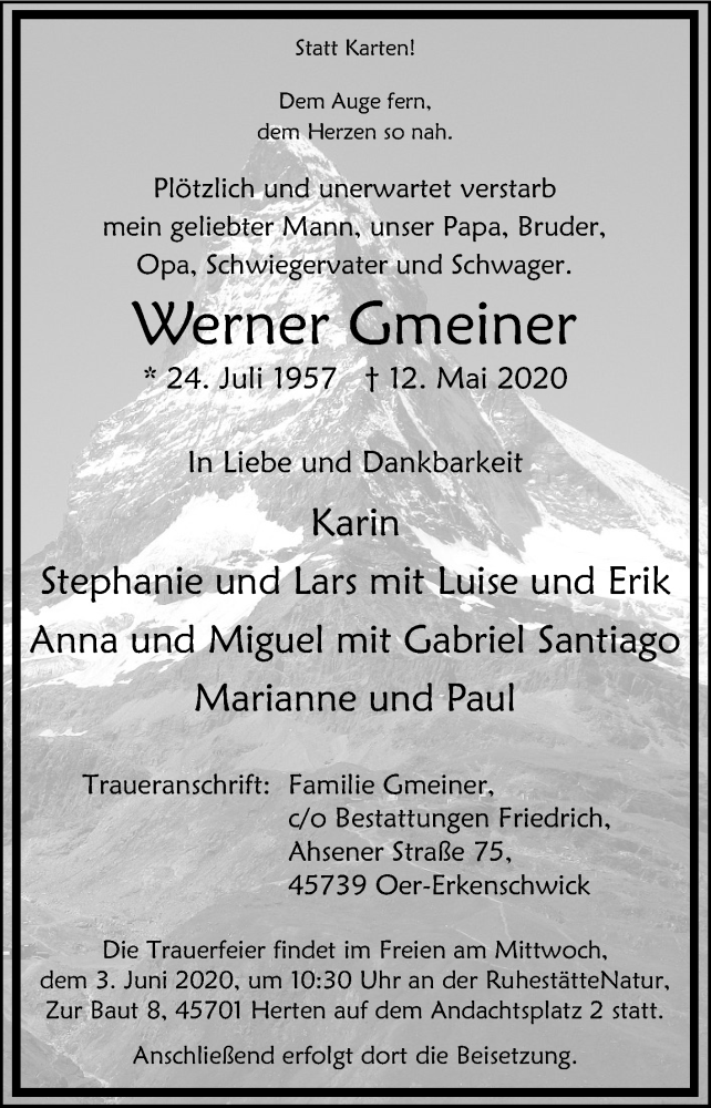  Traueranzeige für Werner Gmeiner vom 23.05.2020 aus Medienhaus Bauer
