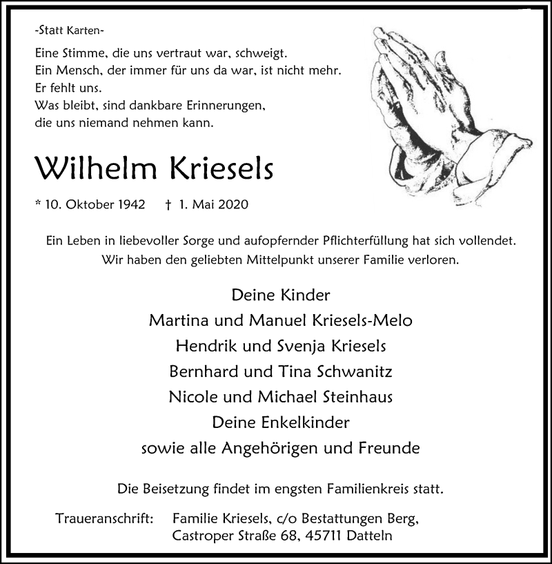  Traueranzeige für Wilhelm Kriesels vom 19.05.2020 aus Medienhaus Bauer