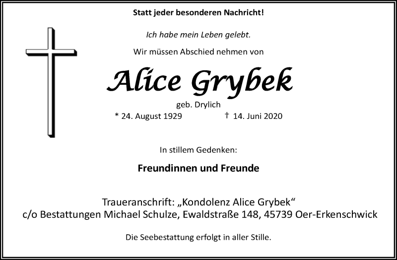  Traueranzeige für Alice Grybek vom 16.06.2020 aus Medienhaus Bauer