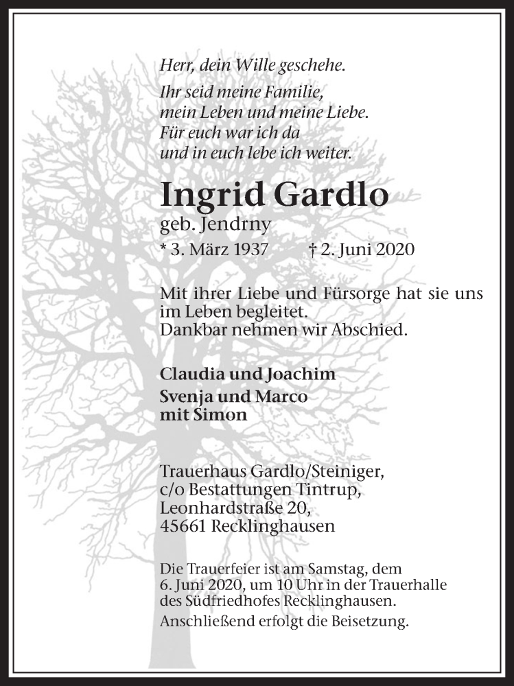  Traueranzeige für Ingrid Gardlo vom 04.06.2020 aus Medienhaus Bauer