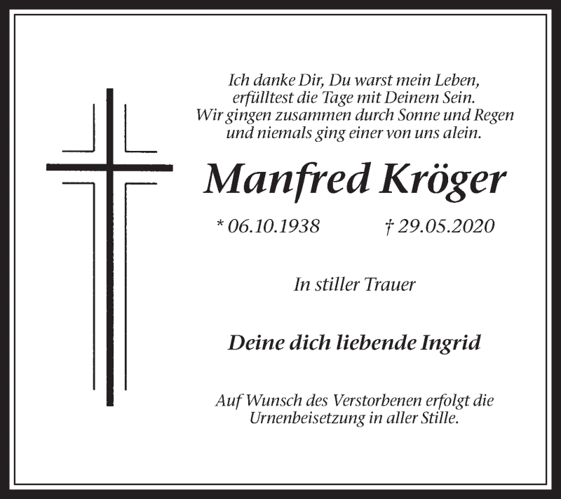  Traueranzeige für Manfred Kröger vom 30.05.2020 aus Medienhaus Bauer
