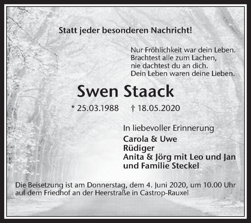  Traueranzeige für Swen Staack vom 02.06.2020 aus Medienhaus Bauer