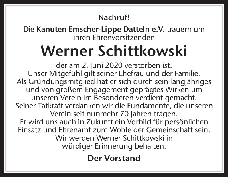  Traueranzeige für Werner Schittkowski vom 17.06.2020 aus Medienhaus Bauer