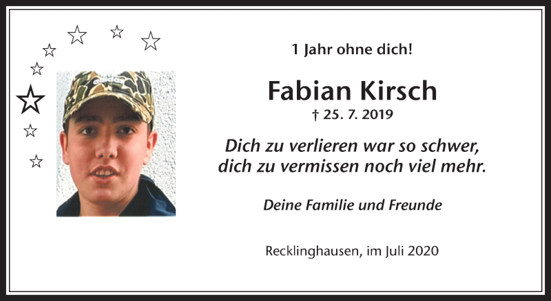  Traueranzeige für Fabian Kirsch vom 25.07.2020 aus Medienhaus Bauer