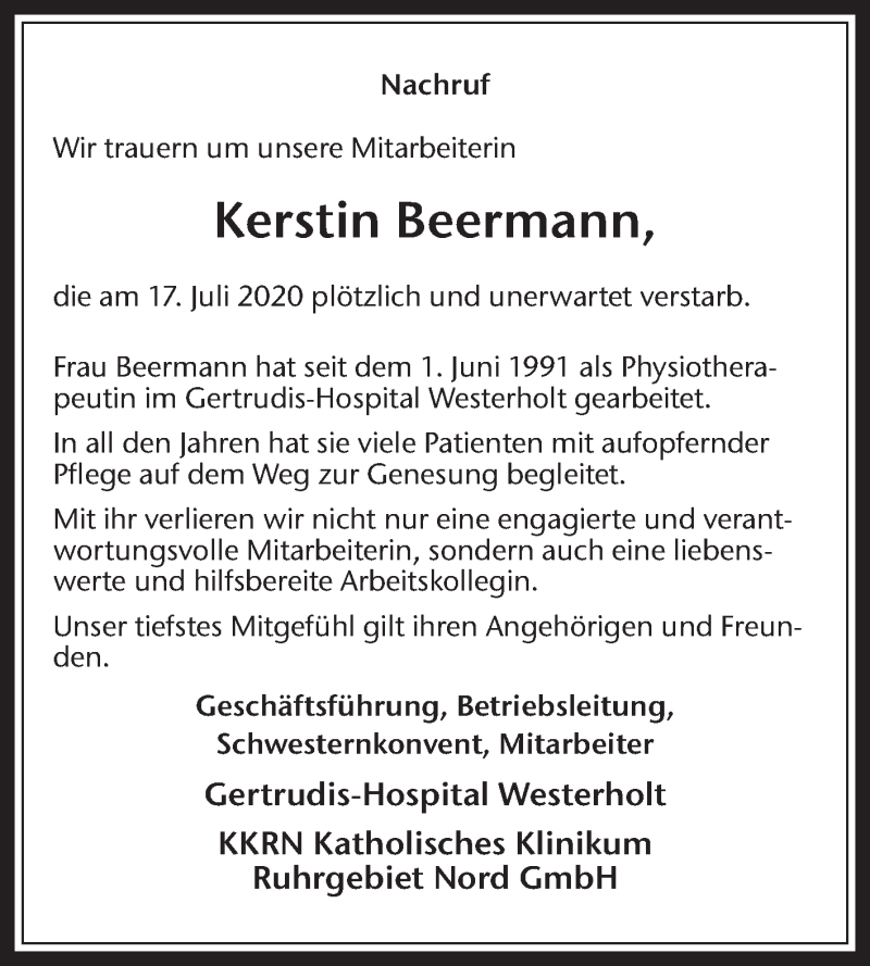  Traueranzeige für Kerstin Beermann vom 29.07.2020 aus Medienhaus Bauer