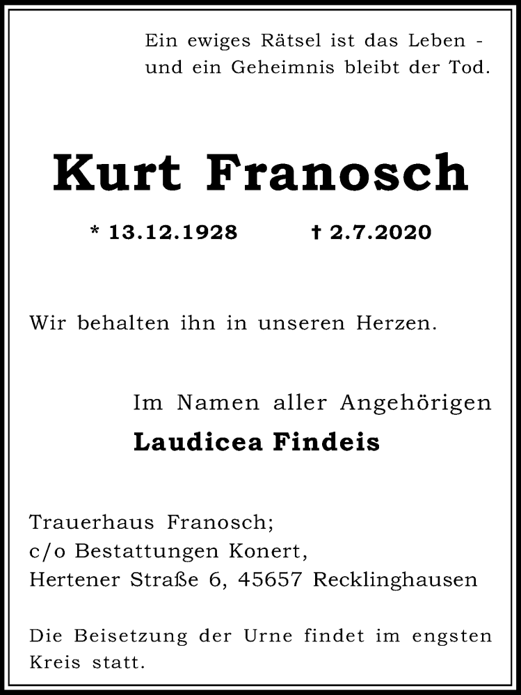  Traueranzeige für Kurt Franosch vom 18.07.2020 aus Medienhaus Bauer