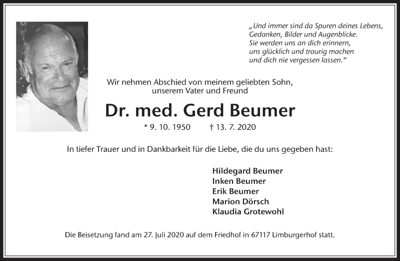  Traueranzeige für Gerd Beumer vom 08.08.2020 aus Medienhaus Bauer