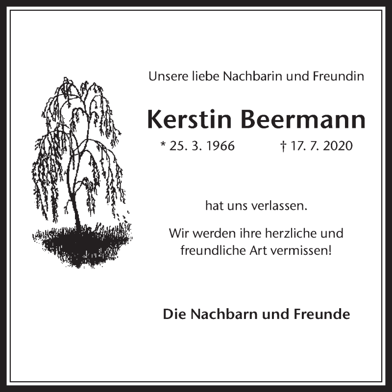  Traueranzeige für Kerstin Beermann vom 01.08.2020 aus Medienhaus Bauer