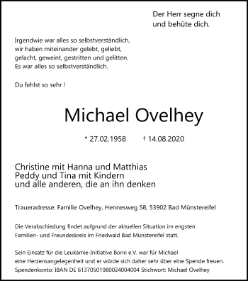 Traueranzeige von Michael Ovelhey von Medienhaus Bauer