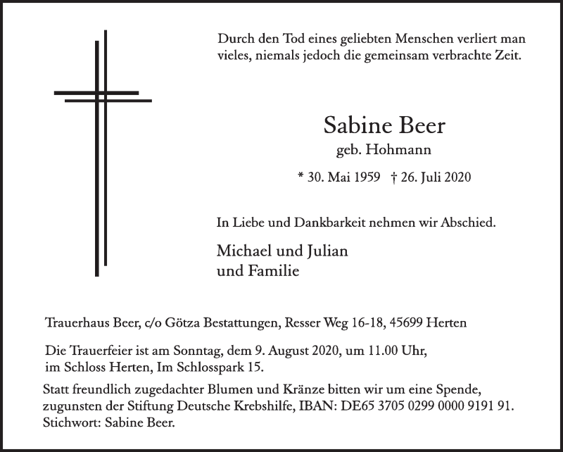  Traueranzeige für Sabine Beer vom 01.08.2020 aus Medienhaus Bauer
