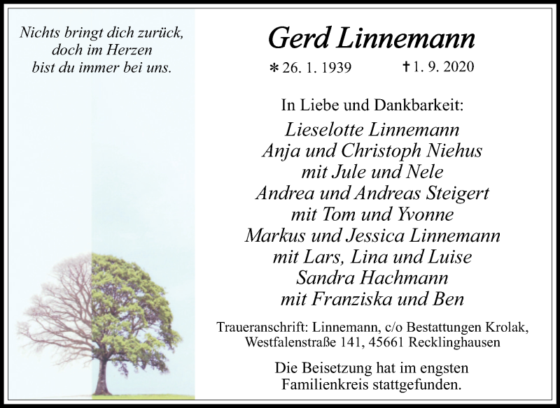  Traueranzeige für Gerd Linnemann vom 12.09.2020 aus Medienhaus Bauer