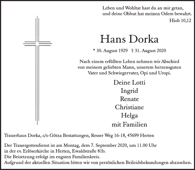  Traueranzeige für Hans Dorka vom 05.09.2020 aus Medienhaus Bauer