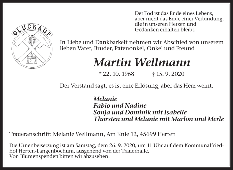  Traueranzeige für Martin Wellmann vom 21.09.2020 aus Medienhaus Bauer