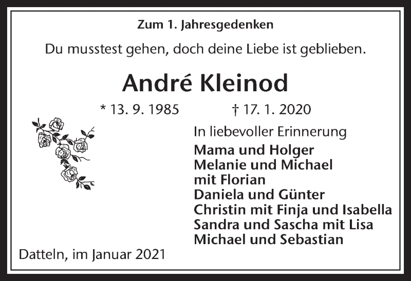  Traueranzeige für Andre Kleinod vom 16.01.2021 aus Medienhaus Bauer