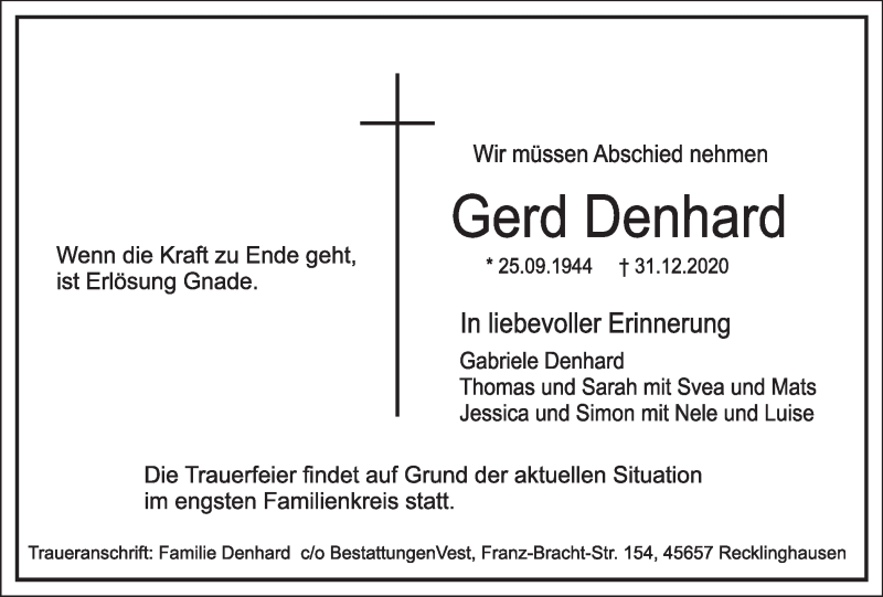  Traueranzeige für Gerd Denhard vom 06.01.2021 aus Medienhaus Bauer
