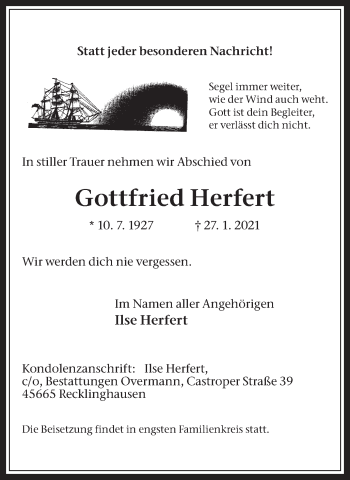 Traueranzeige von Gottfried Herfert von Medienhaus Bauer