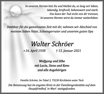 Traueranzeige von Walter Schröer von Medienhaus Bauer