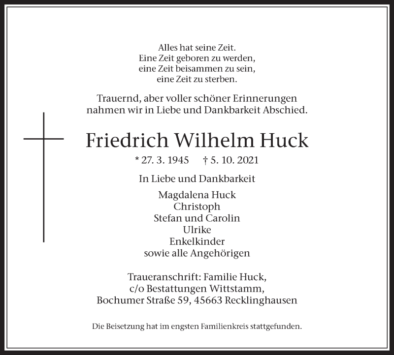  Traueranzeige für Friedrich Wilhelm Huck vom 16.10.2021 aus Medienhaus Bauer