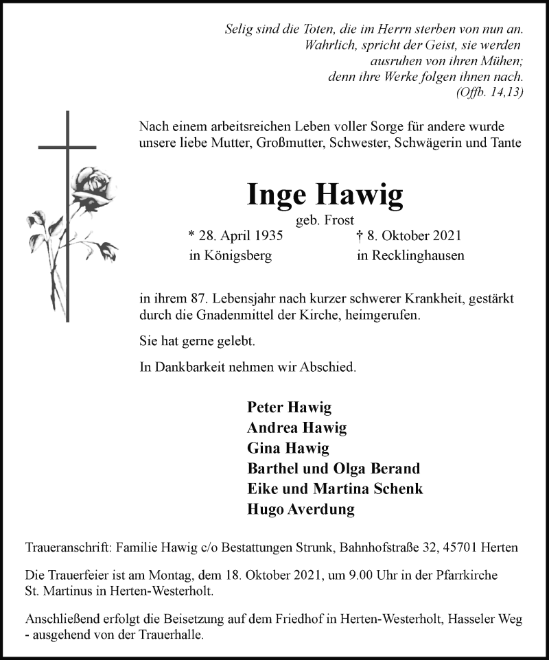  Traueranzeige für Inge Hawig vom 14.10.2021 aus Medienhaus Bauer