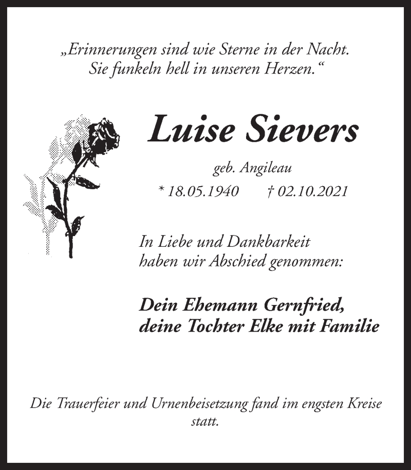  Traueranzeige für Luise Sievers vom 23.10.2021 aus Medienhaus Bauer