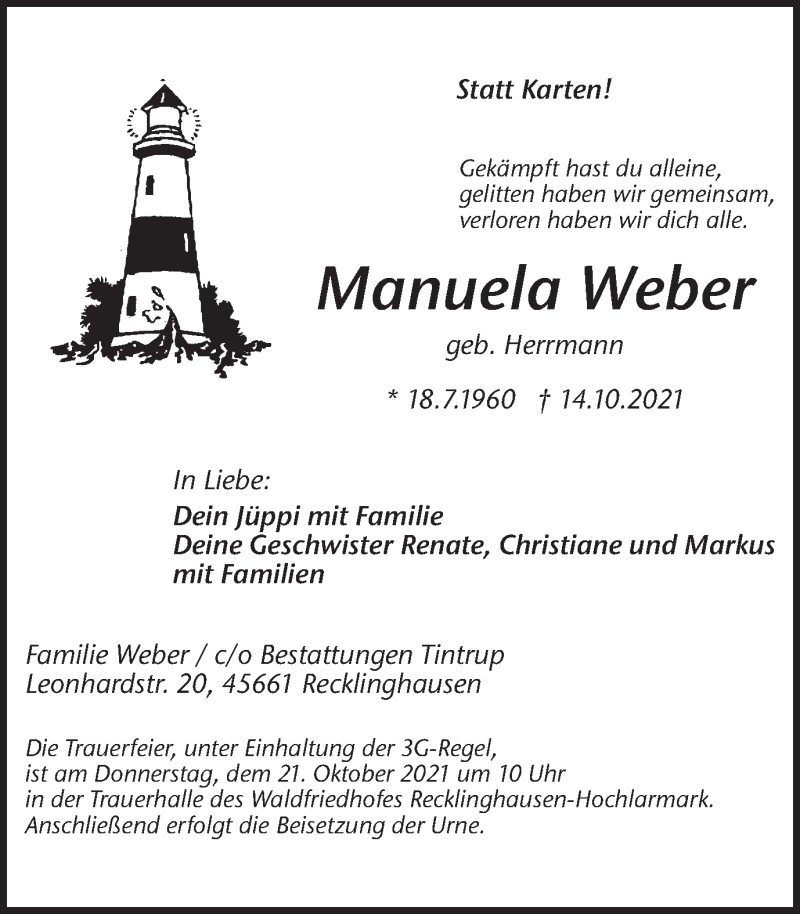  Traueranzeige für Manuela Weber vom 19.10.2021 aus Medienhaus Bauer
