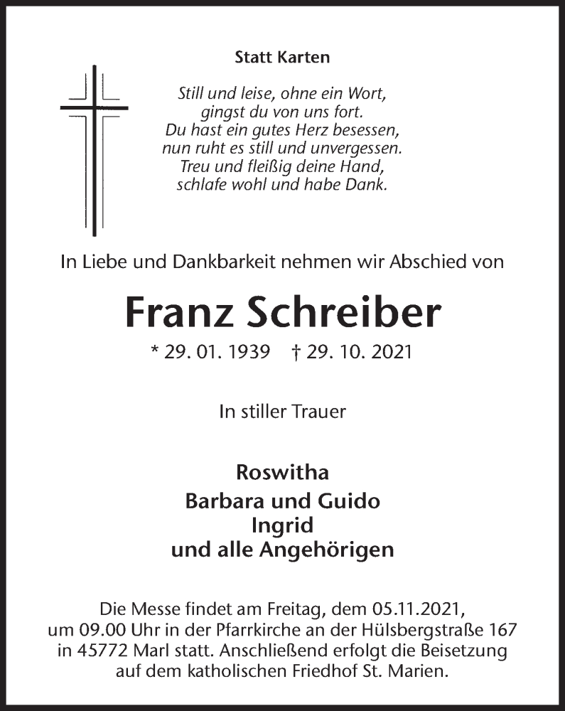  Traueranzeige für Franz Schreiber vom 04.11.2021 aus Medienhaus Bauer