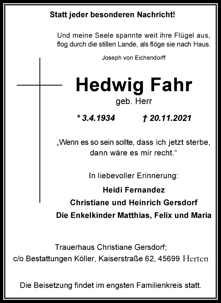  Traueranzeige für Hedwig Fahr vom 24.11.2021 aus Medienhaus Bauer