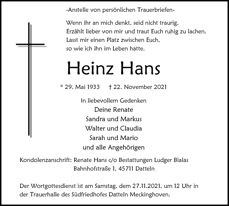  Traueranzeige für Heinz Hans vom 25.11.2021 aus Medienhaus Bauer