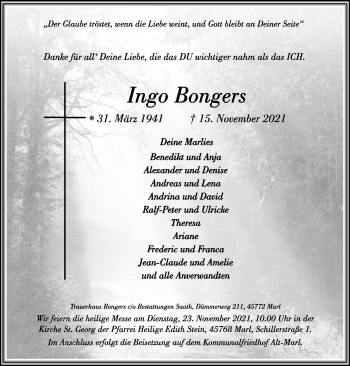 Traueranzeige von Ingo Bongers von Medienhaus Bauer
