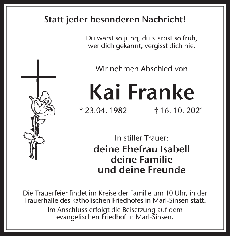  Traueranzeige für Kai Franke vom 11.11.2021 aus Medienhaus Bauer