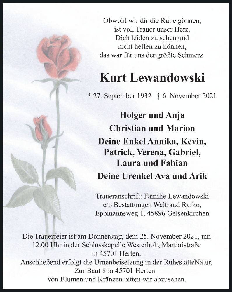  Traueranzeige für Kurt Lewandowski vom 20.11.2021 aus Medienhaus Bauer