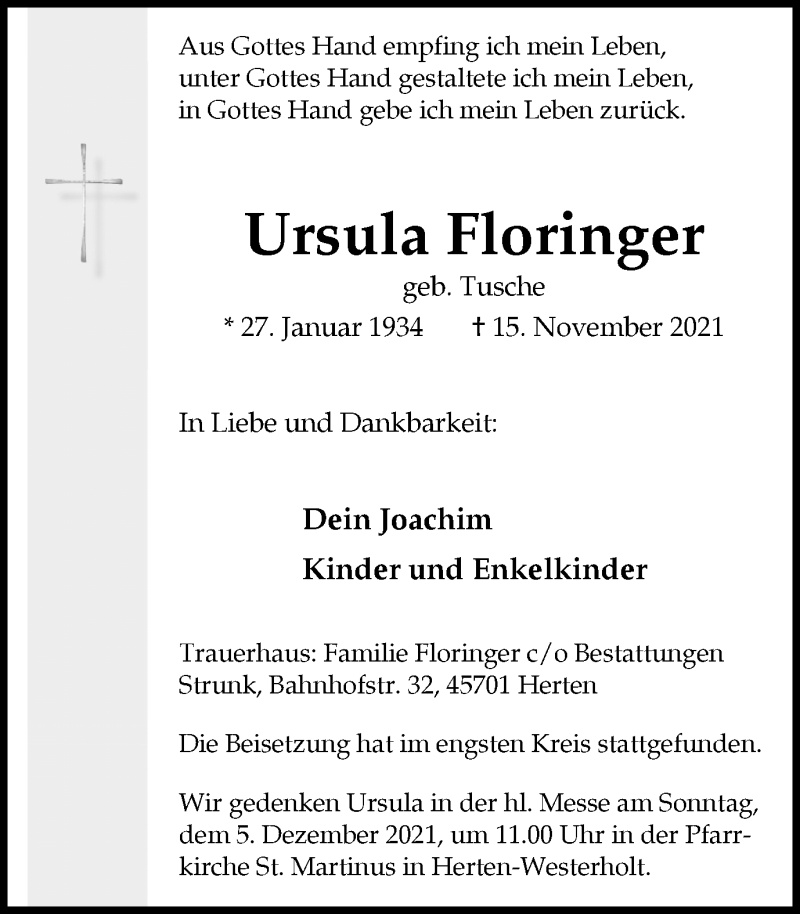  Traueranzeige für Ursula Floringer vom 26.11.2021 aus Medienhaus Bauer