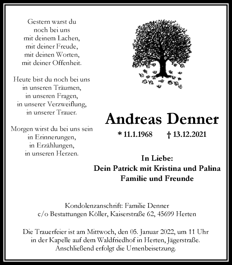  Traueranzeige für Andreas Denner vom 31.12.2021 aus Medienhaus Bauer
