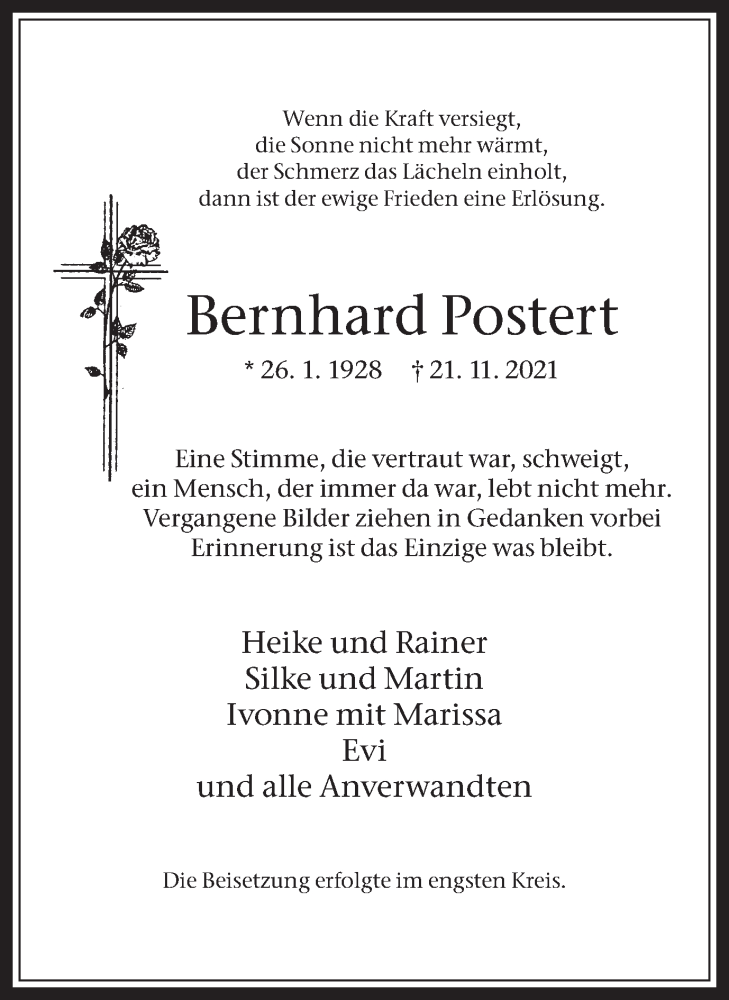  Traueranzeige für Bernhard Postert vom 03.12.2021 aus Medienhaus Bauer