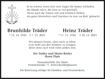 Traueranzeige von Brunhilde und Heinz Träder von Medienhaus Bauer