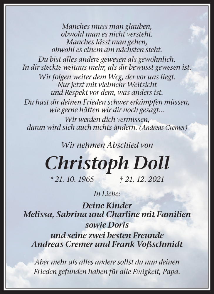  Traueranzeige für Christoph Doll vom 29.12.2021 aus Medienhaus Bauer