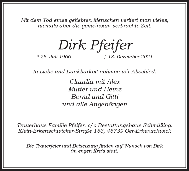  Traueranzeige für Dirk Pfeifer vom 24.12.2021 aus Medienhaus Bauer