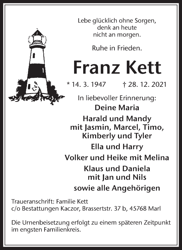  Traueranzeige für Franz Kett vom 31.12.2021 aus Medienhaus Bauer