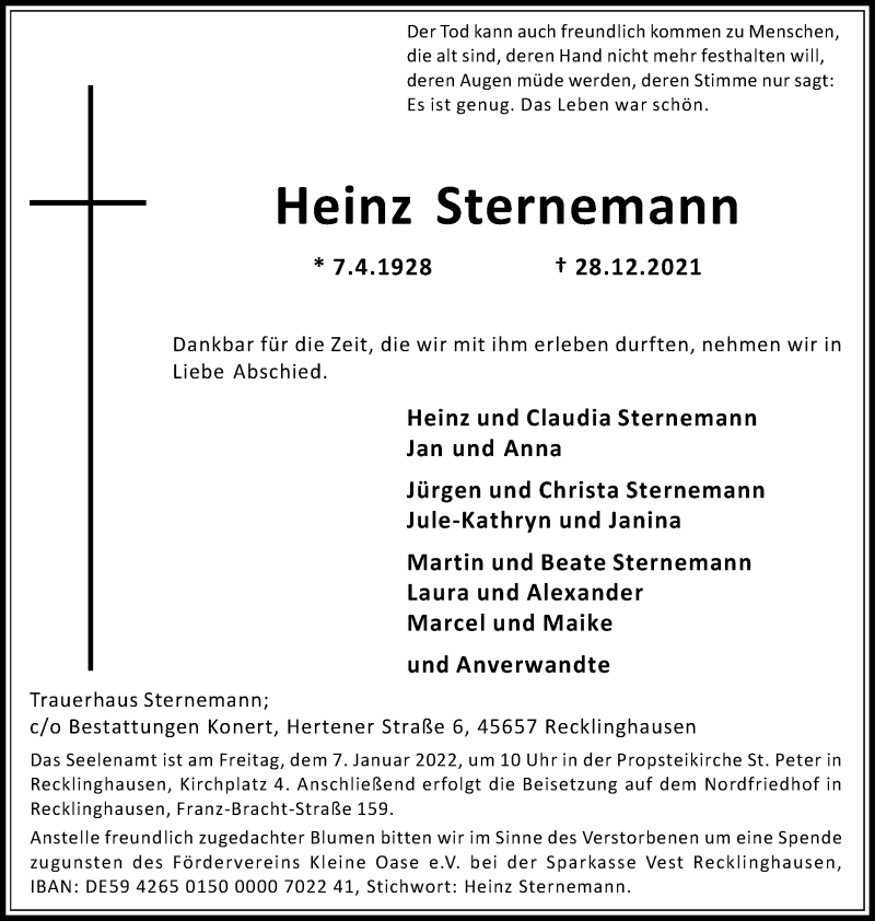  Traueranzeige für Heinz Sternemann vom 31.12.2021 aus Medienhaus Bauer